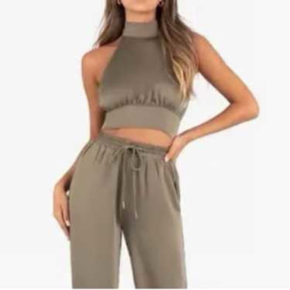 NWT Kittenish Olive High neck tied backless crop top SET/ wide leg satin Pants S